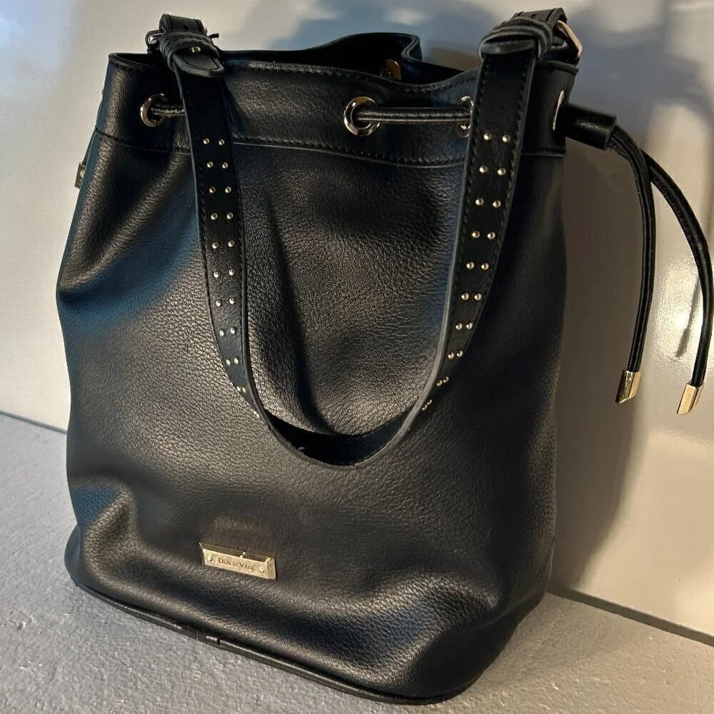 Dolce Vita Black Vegan leather bucket handbag gold tone hardware classic essenti